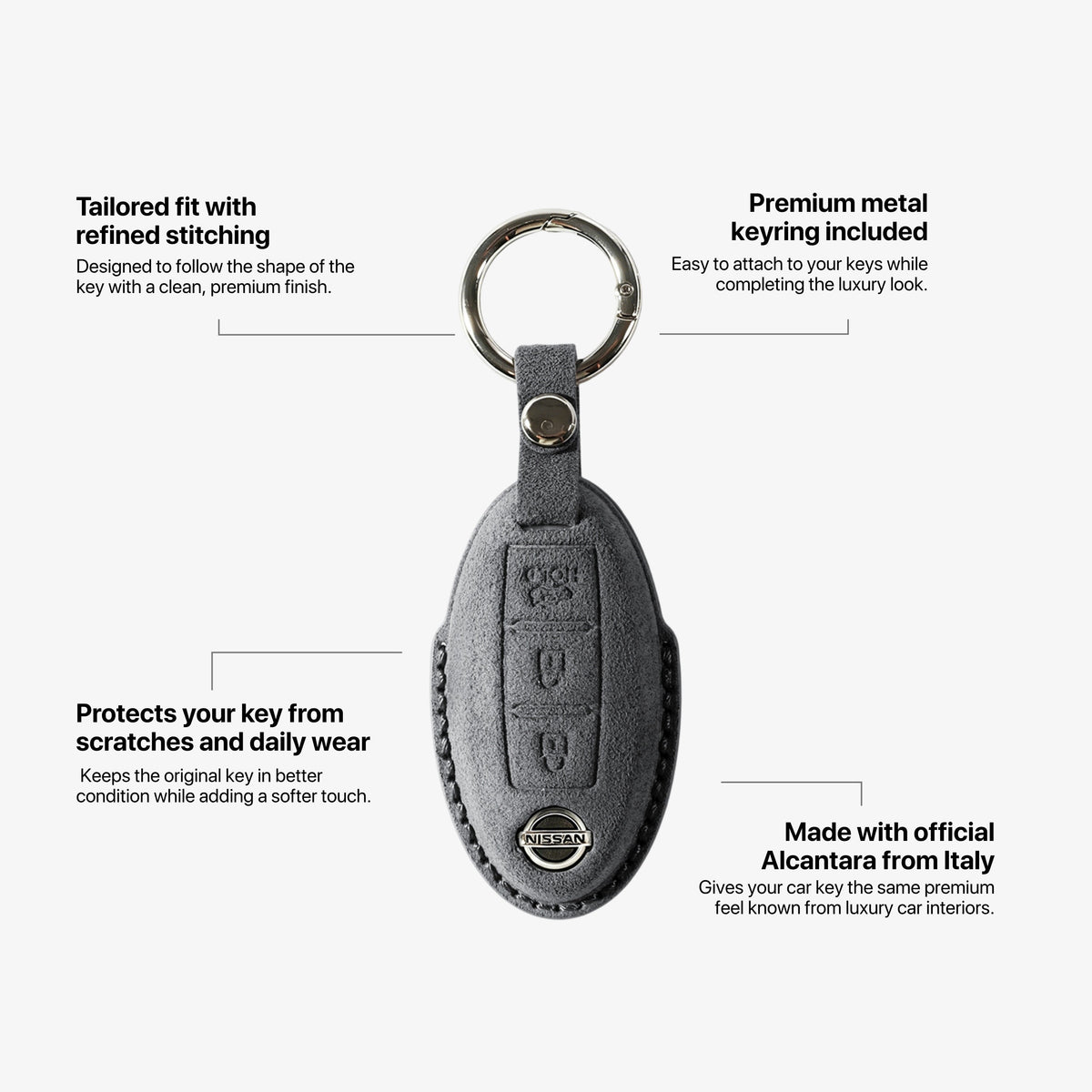 Alcantara Car Key Fob Cover for Nissan Model B with Buckle - Space Grey