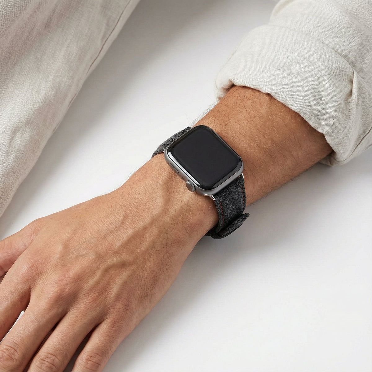 Alcantara Apple Watch Band With Buckle - Space Grey With Red Stitching - 38/40/41/42mm